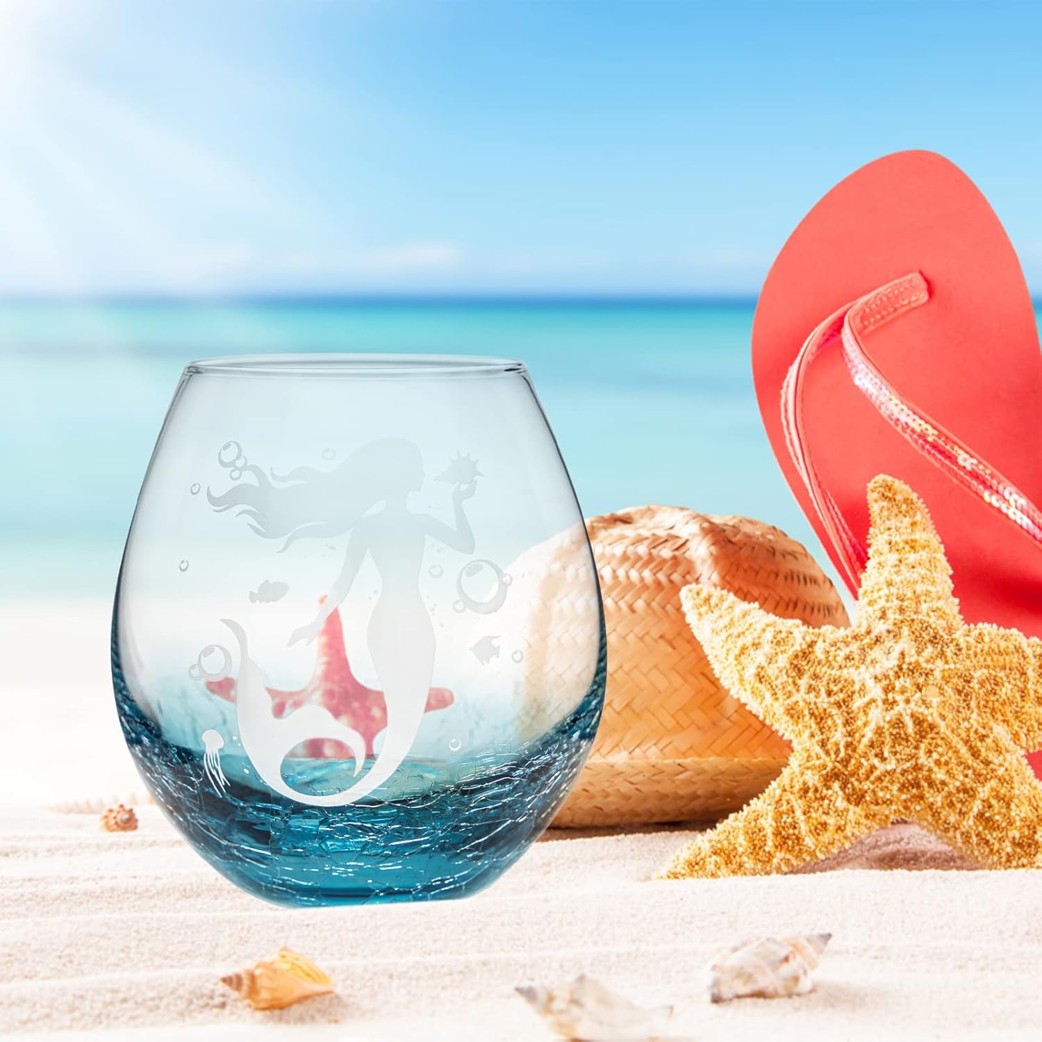Mermaid Stemless Wine Glass - Teal Color Ocean Wine Glass for Girls Friend, Mermaid Present for Women, Beach Drinkware for Women, Kids, Birthday, Wedding Valentine's Day (Crackle Teal) - Image 6