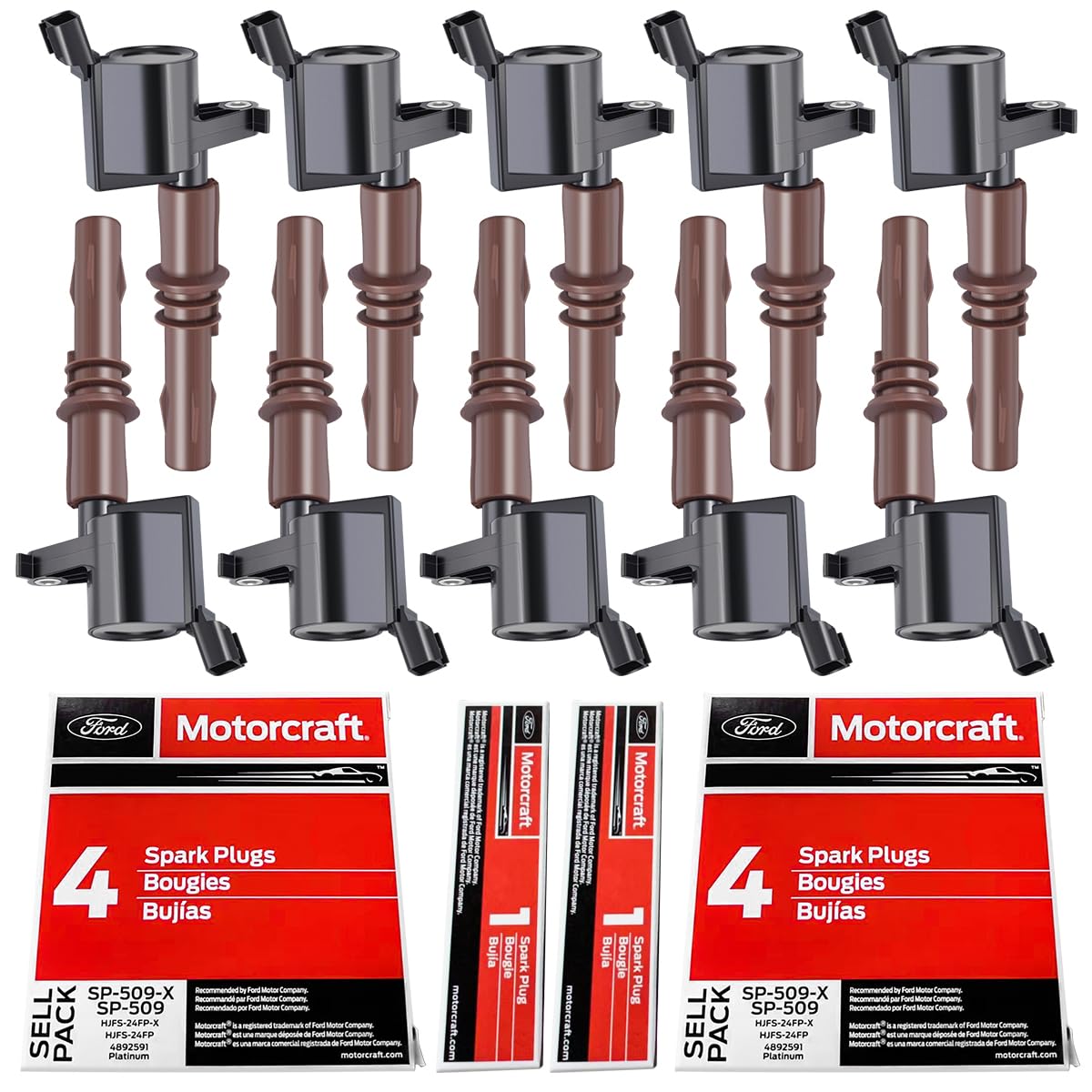 MASSet of 10 Performance Ignition Coils Pack & OEM Motorcraft Spark Plugs SP509 Compatible with Ford F250 F350 F450 F550 Super Duty F650 F750 F53 F59 6.8L V10 Replacement for 8L3Z-12029-A C1659 DG521