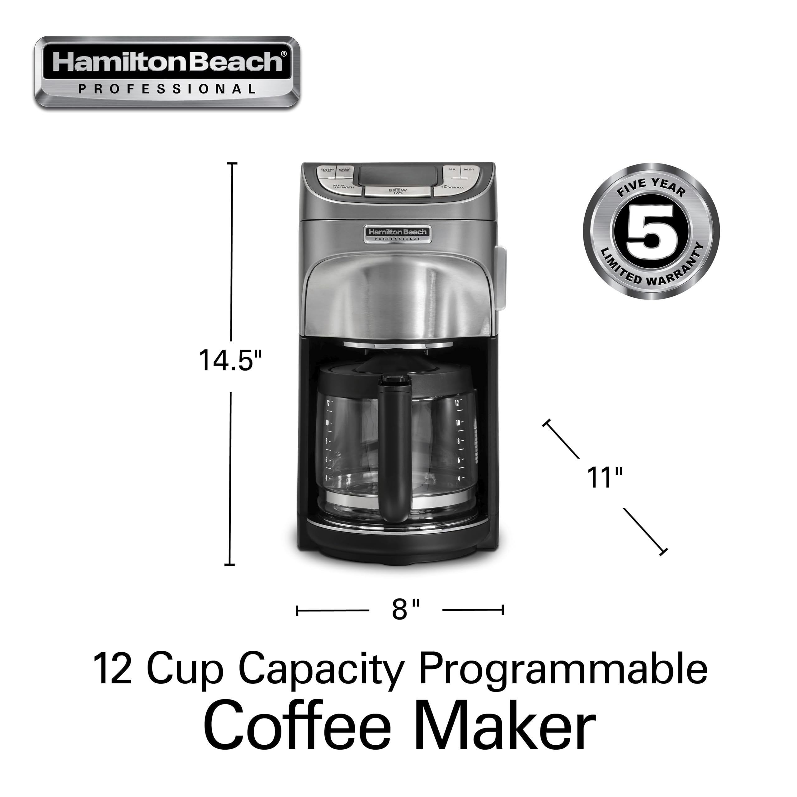 Hamilton Beach Professional Programmable Drip Coffee Maker, 12 Cup Capacity Ergonomic Carafe, 60oz Removable Reservoir,120 volts, Brushed Metal (49500)