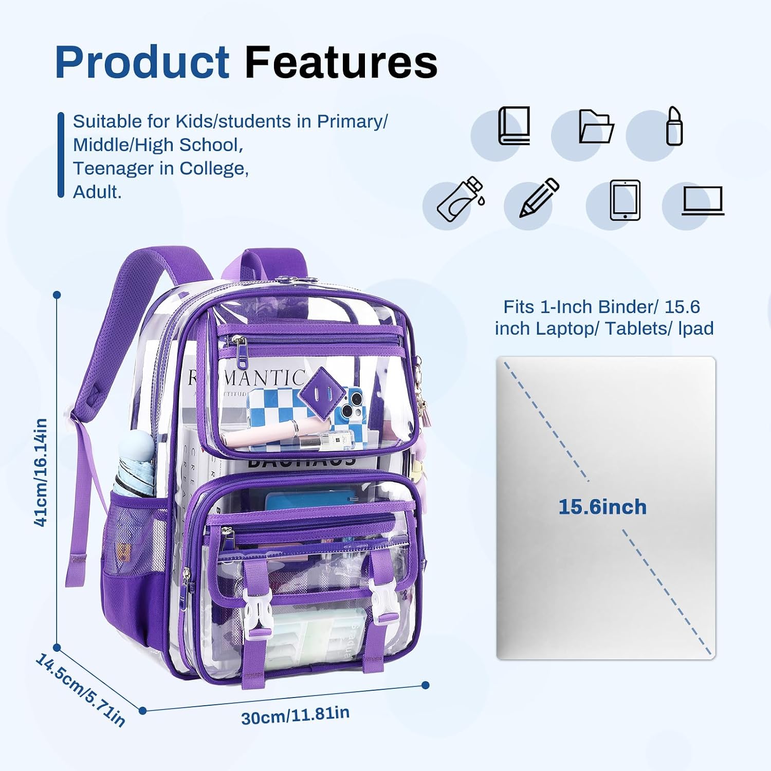 Sisipoet Clear Backpack for School, PVC Clear Bookbag Heavy Duty Transparent Backpack for Stadium Events See Through Bag