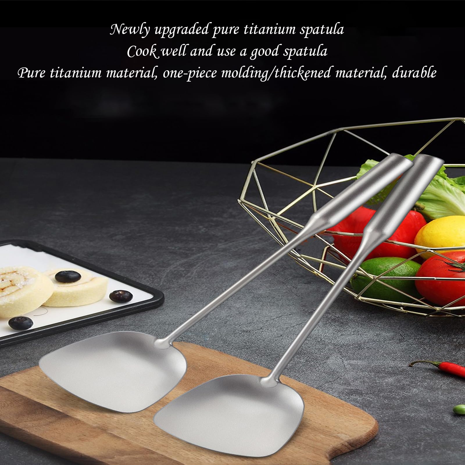Espátula De Titanio Puro para Cocina Casera, Espátula De Cocina Individual con Mango De Madera, Cuchara Especial para Verduras De Gran Tamaño para Chef