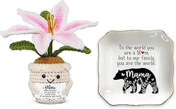 OASSIE Gifts for Mom - Moms Bundle, Emotional Support Crochet Lily & 4"x4" Ceramic Jewelry Dish Tray - Mothers Day Birthday Gifts from Daughter Son, Gift for Mother in Law Stepmom, Gift for Grandma