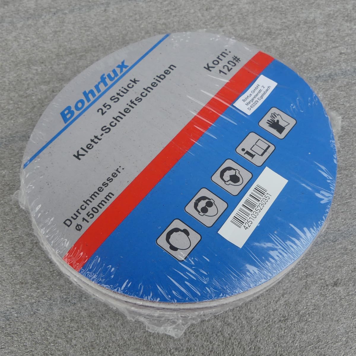 25 discos abrasivos de KLETT de 150 mm de diámetro, sin agujeros, grano P120, lijadora excéntrica de cuello largo, lijadora de Bohrfux