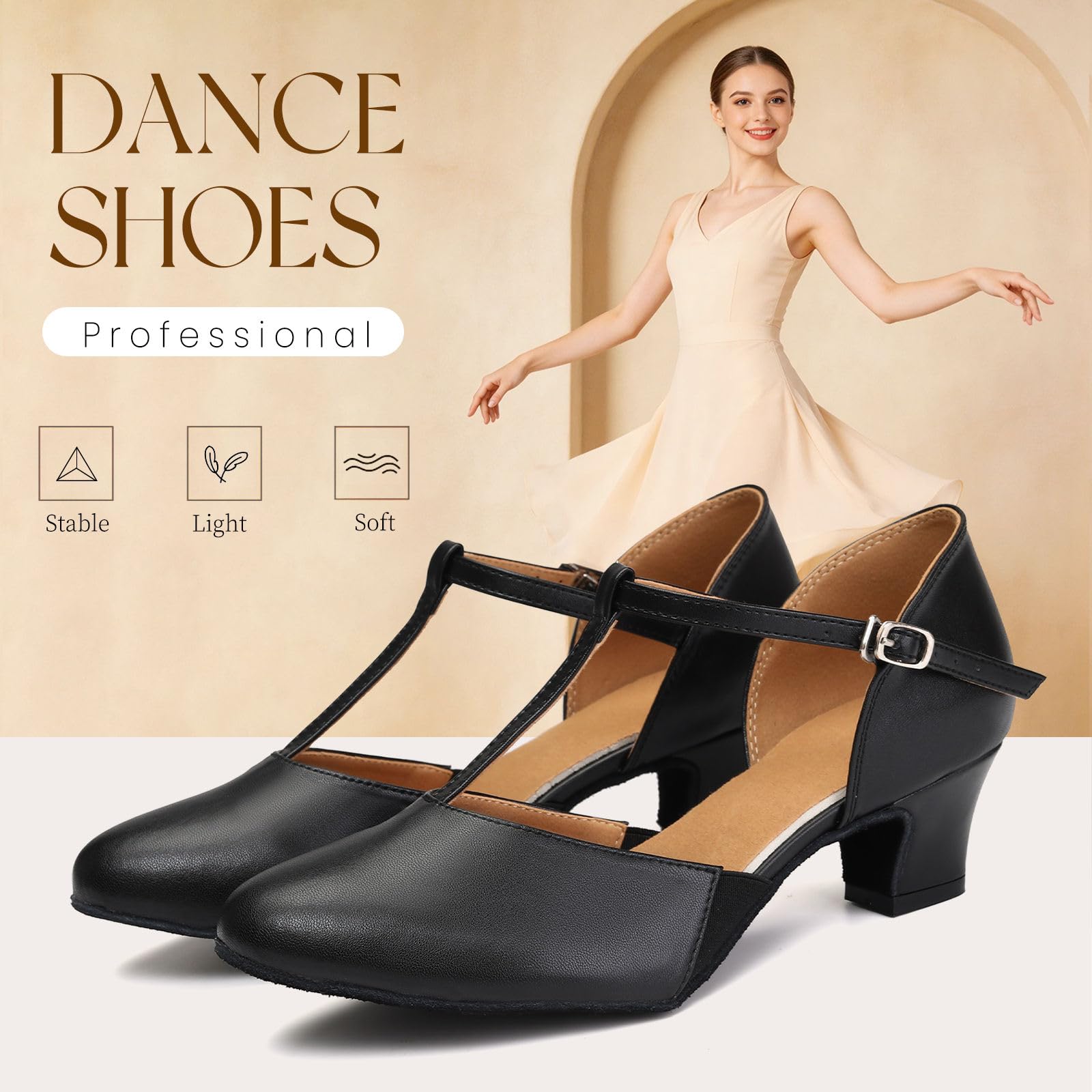 Chaussures de Caractère T-Strap Chaussures de Danse Latine Femme Salsa Bachata de Salon Petit Talonavec Talon de 4cm Suede Sole