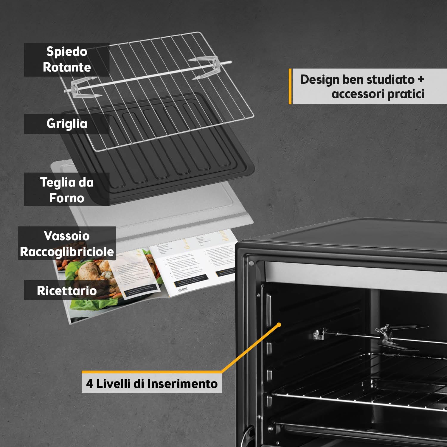 TZS First Austria - Mini Forno 45L 2000W - Fornetto per pizza con temperatura fino a 230°C e rivestimento antiaderente - Con timer di 60 min, 4 altezze di inserimento, teglia, griglia e spiedo rotante