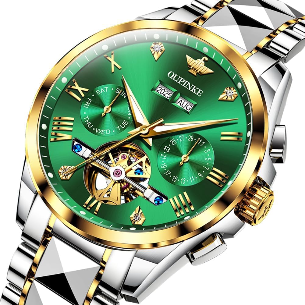 OUPINKE Automatic Watches for Men Skeleton Mechanical Self Winding Luxury Business Dress Wrist Watch Diamond Tungsten Steel Sapphire Crystal Calendar Waterproof Luminous - Image 4
