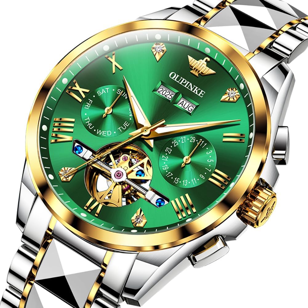 OUPINKE Relojes automáticos para hombre, esqueleto, mecánico, cuerda automática, reloj de pulsera de lujo, vestido de negocios, diamante, acero de tungsteno, cristal de zafiro, calendario, Correa de