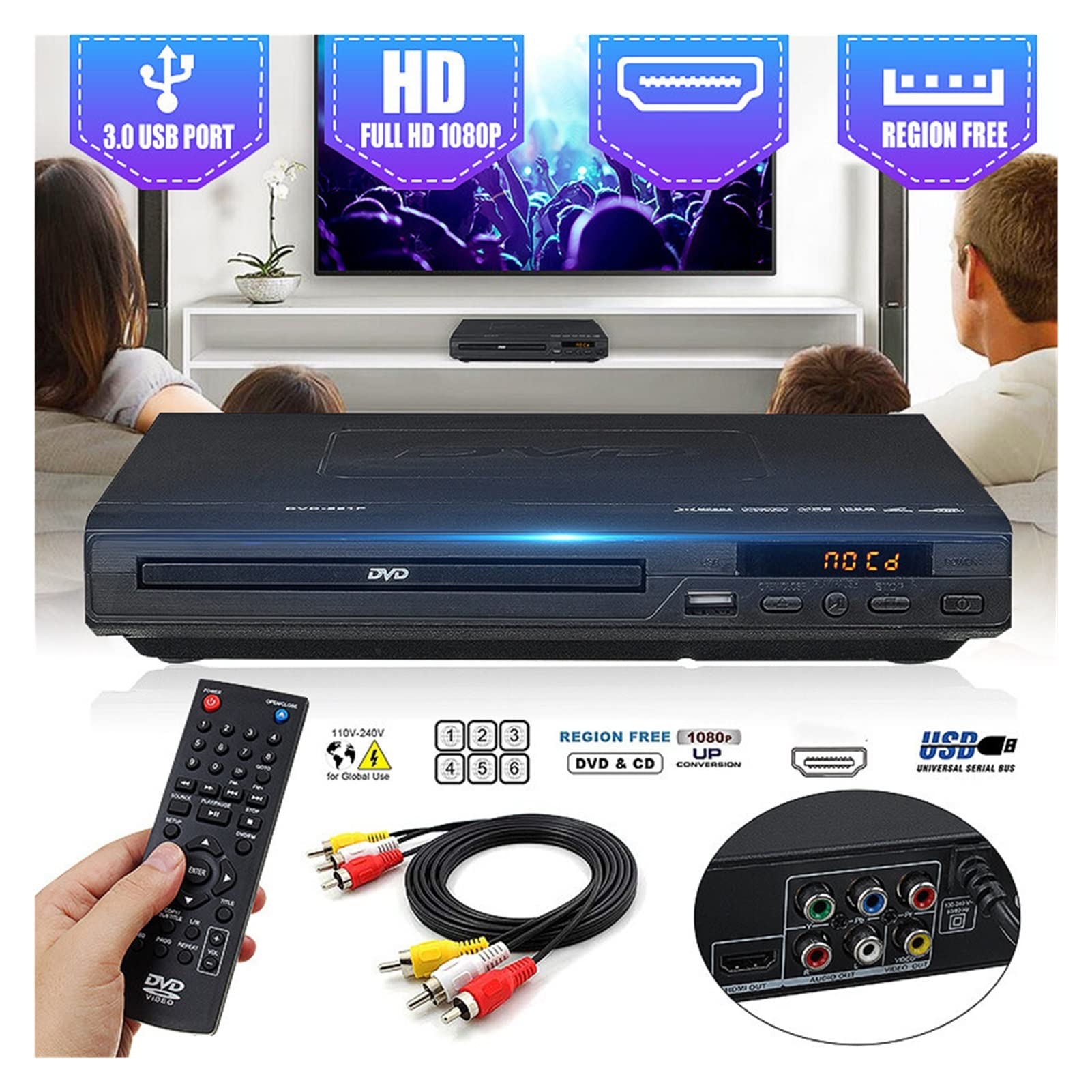 Multi-région 1080p Complet DVD HD Joueur DVD USB 2.0 3.0 Lecteur de Carte du Joueur 3 en 1 CD l'audio/CD-r / -RW/vcd/svcd Lecture Multiple,Compatible avec La Plupart des Appareils