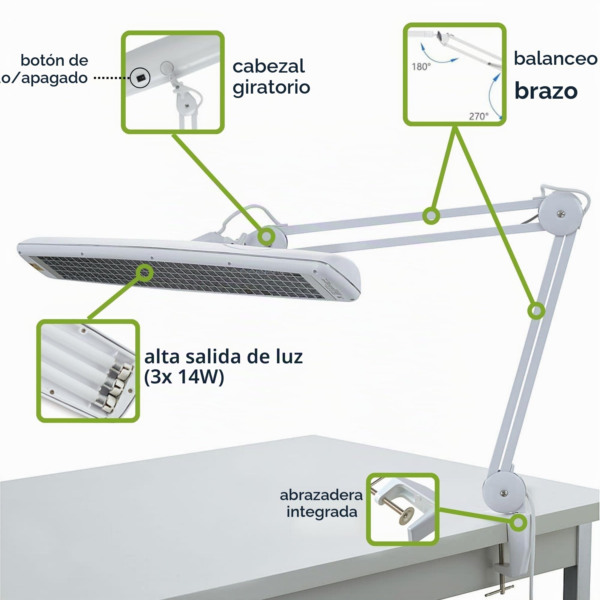 Velleman Lámpara de escritorio con pinza, lámpara de trabajo 3x 14 W, 2700 lm, luz día 6500 K, pantalla ancha de 60 cm, lámpara blanca para oficina, hobby, manicura, costura y precisión