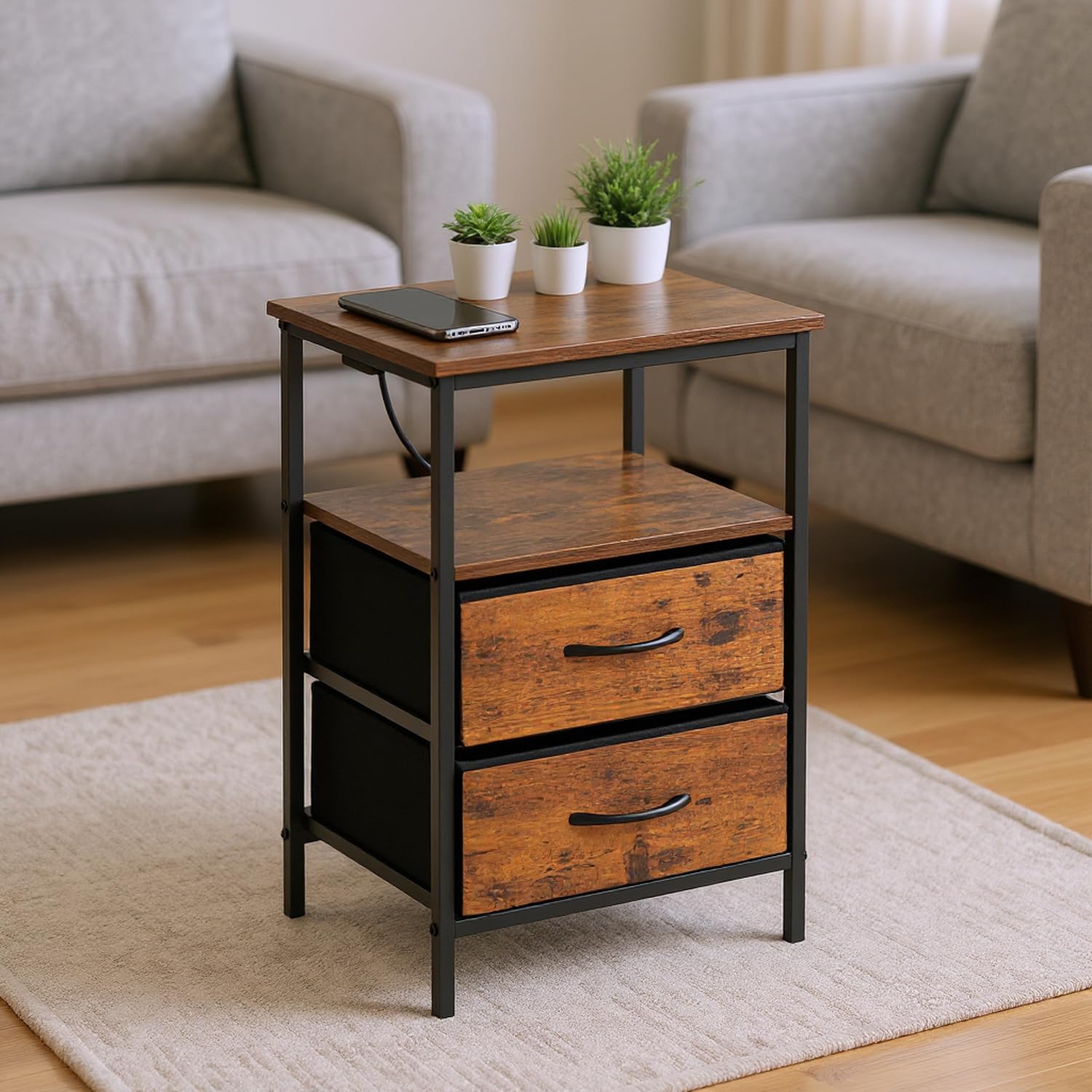 FurnitureR 2PCS Guéridons de Salon, Table D'appoint avec Multi-Coloured LED, 2 AC Sockets, 2 USB Ports of Drawers, 2 Tiroirs en Tissu, Style Industriel Rétro Marron, 40 x 30 x 60cm