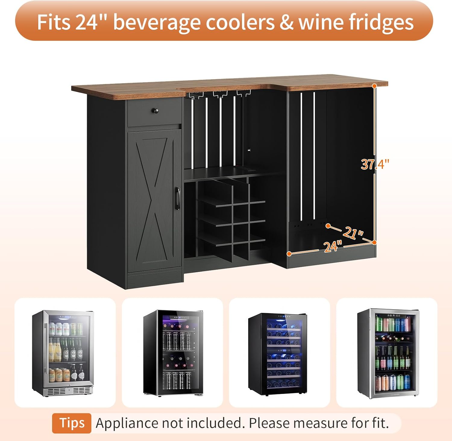 Home Bar Unit with Fridge Space, 72" U-Shape Liquor Wine Cabinet with Power Outlet, Wine Glass Holder, Bar Table with Storage for Basement Living Room Dining Room Home Pub, Black LRBT001BB