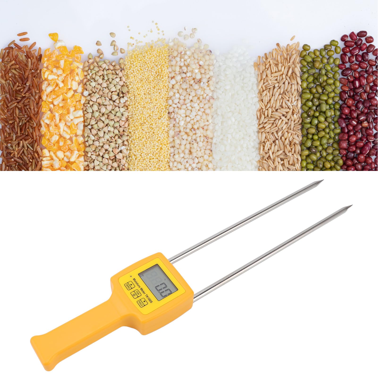SUNGOOYUE Probador de Humedad de Grano, Medidor de Humedad de Grano Portátil ABS con Sonda de Acero Inoxidable de 11 Pulgadas, LCD Retroiluminada Resolución de 0,1% Apagado Automático para