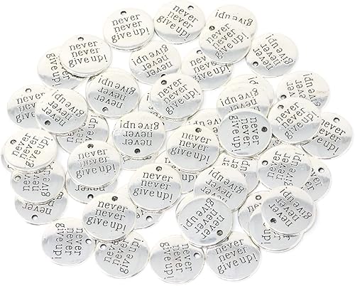Miniatura 3 de Honbay 50 dijes de aleación con palabras inspiradoras redondas que nunca te rindas, para manualidades, aretes, collares, pulseras, manualidades,