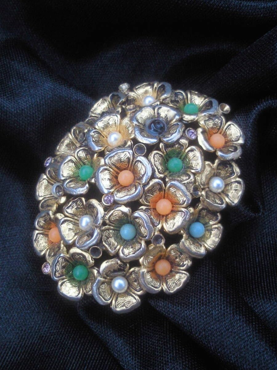 SILVER デザイン 翡翠 珊瑚 ブローチ アンティーク