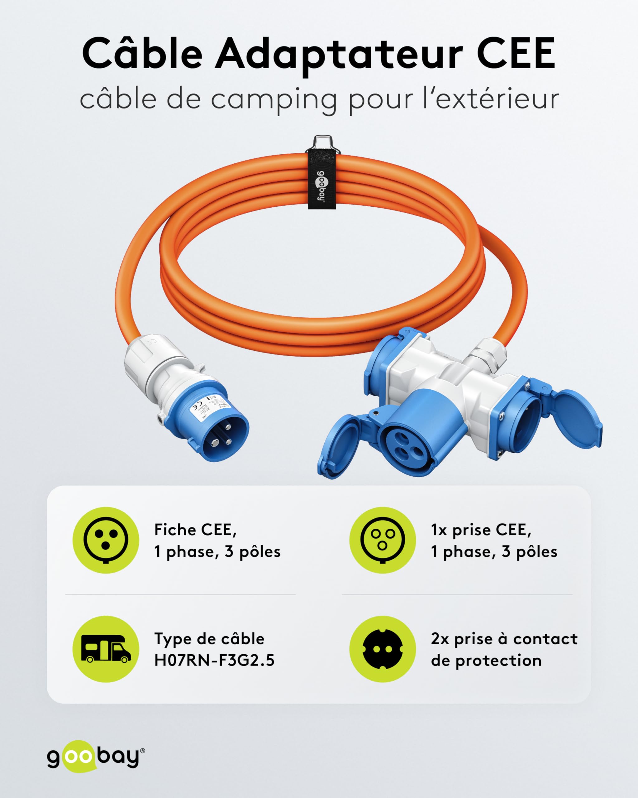 goobay Câble Adaptateur CEE pour Caravane, 10 m, Prise CEE vers 1 Prise CEE et 2 Prises avec Contact de Protection, IP 44, câble de Camping, Camping-Car et travaux 76266