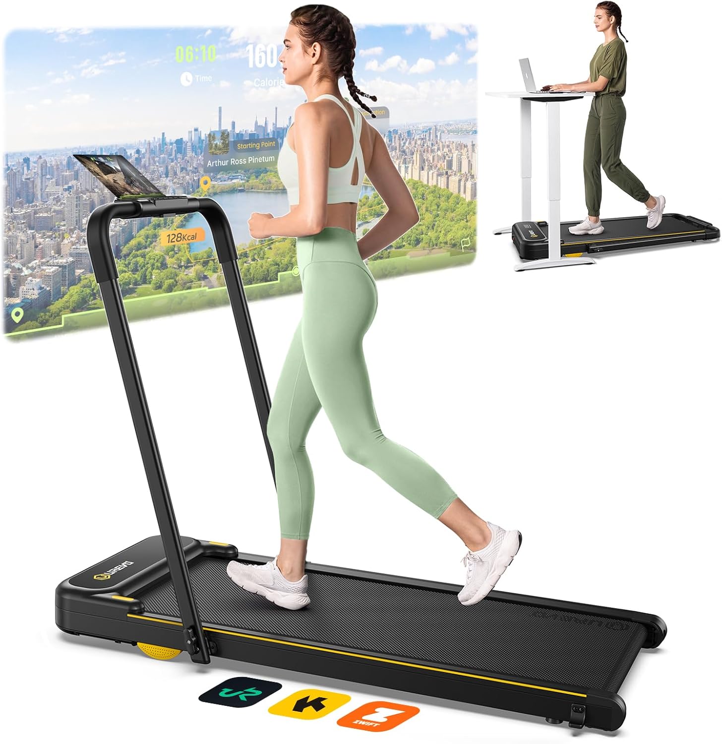 UREVO 2 in 1 Treadmills for Home Foldable, Walking Pad with APP Control, 1-10 kmh Under Desk Treadmill with Double Shock Absorbent, Remote Control &amp; LED Display