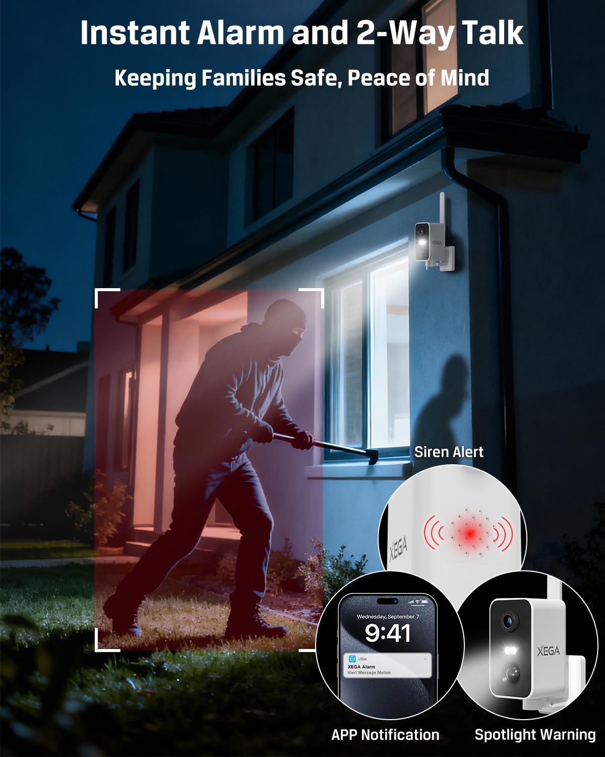 Xega Cámara Vigilancia 4G LTE Portátil con Tarjeta SIM Interior y Exterior | 10000mAh, detección PIR personas, visión nocturna color, audio bidireccional, TF/Cloud, IP66