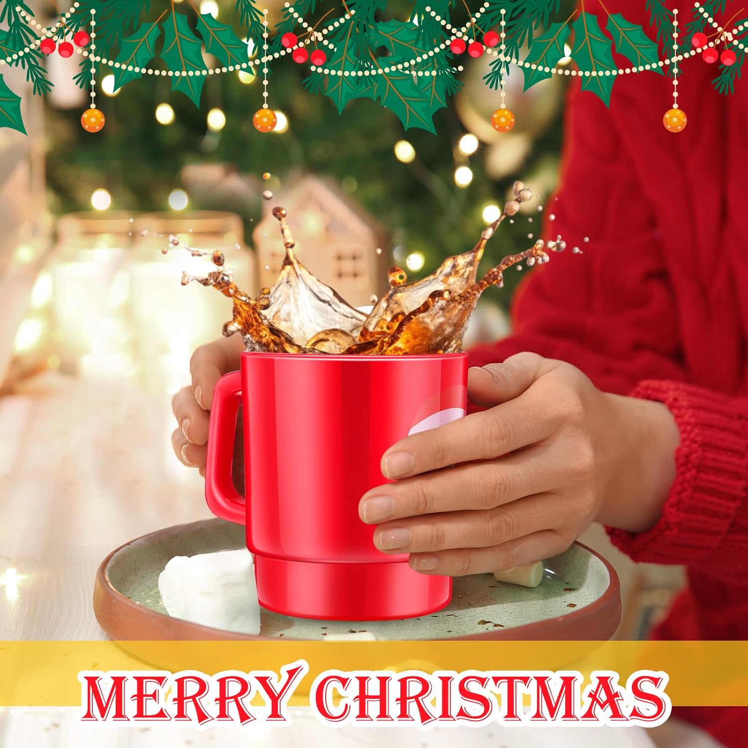 Sliner 12 Pieces Plastic Christmas Mugs Set Santa Red Plastic Mugs Bulk Xmas Drinking Cups with Handle for Coffee Hot Cocoa Wine Christmas Holiday Party Favor Supplies