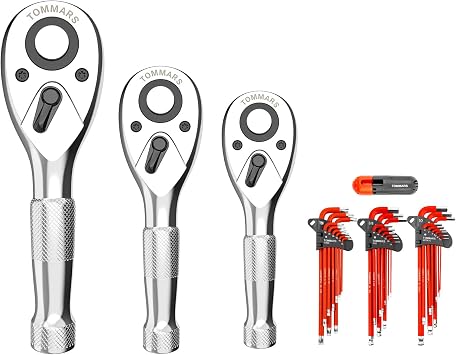 TOMMARS Stubby Ratchet Set, 1/4", 3/8", 1/2" Drive Ratchet & Hex Key Set Magnetic Ball End S2 Steel