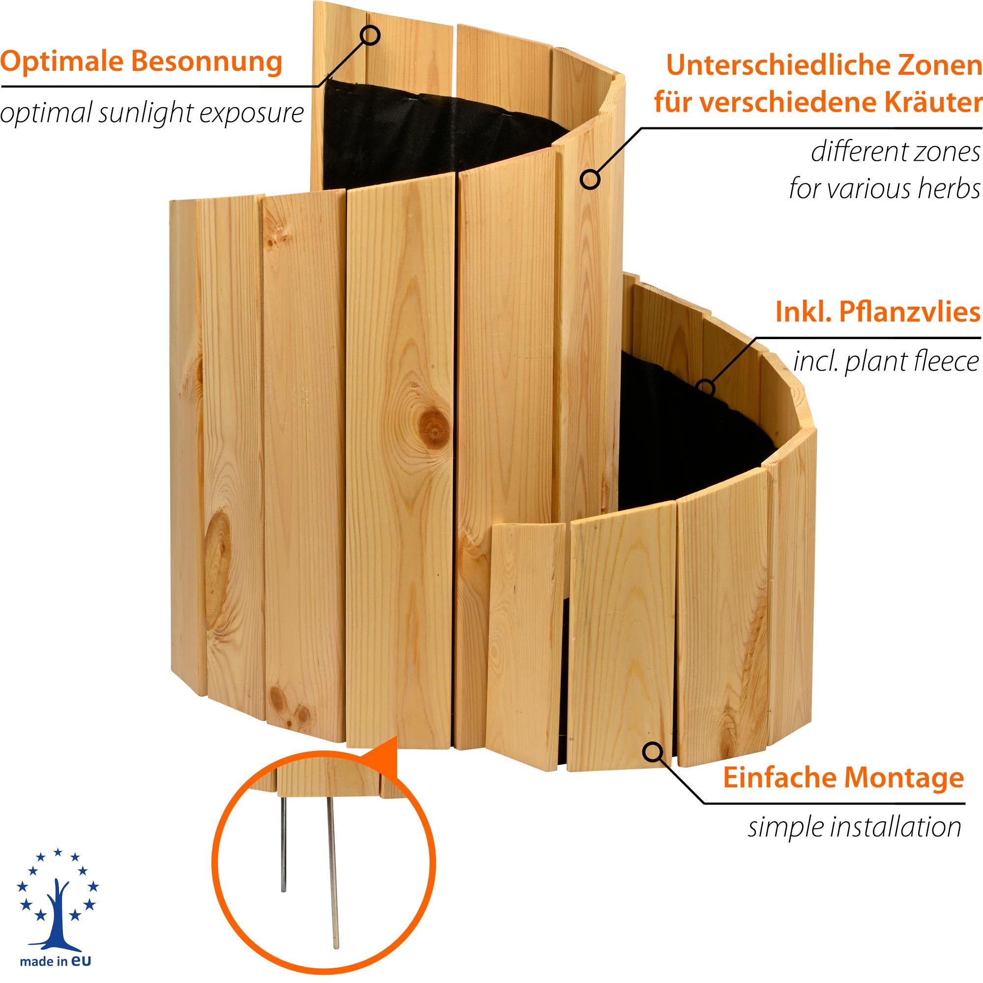 dobar® Green Label Kräuterspirale Massivholz | Kräuterschnecke Vormontiert | Unbehandeltes Holz | Kräutertreppe Kiefernholz Garten | Kräuterturm Bausatz | 250 x 68 cm | Natur
