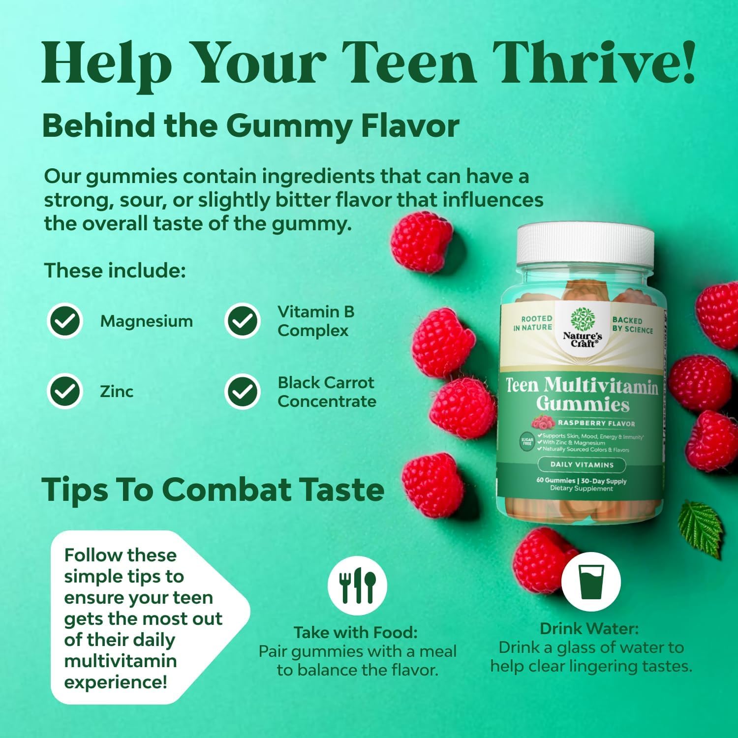 Teen Multivitamin Gummies 12-17, Zinc, Magnesium, Biotin, Vit A C D E, 60ct — Amazon image 2