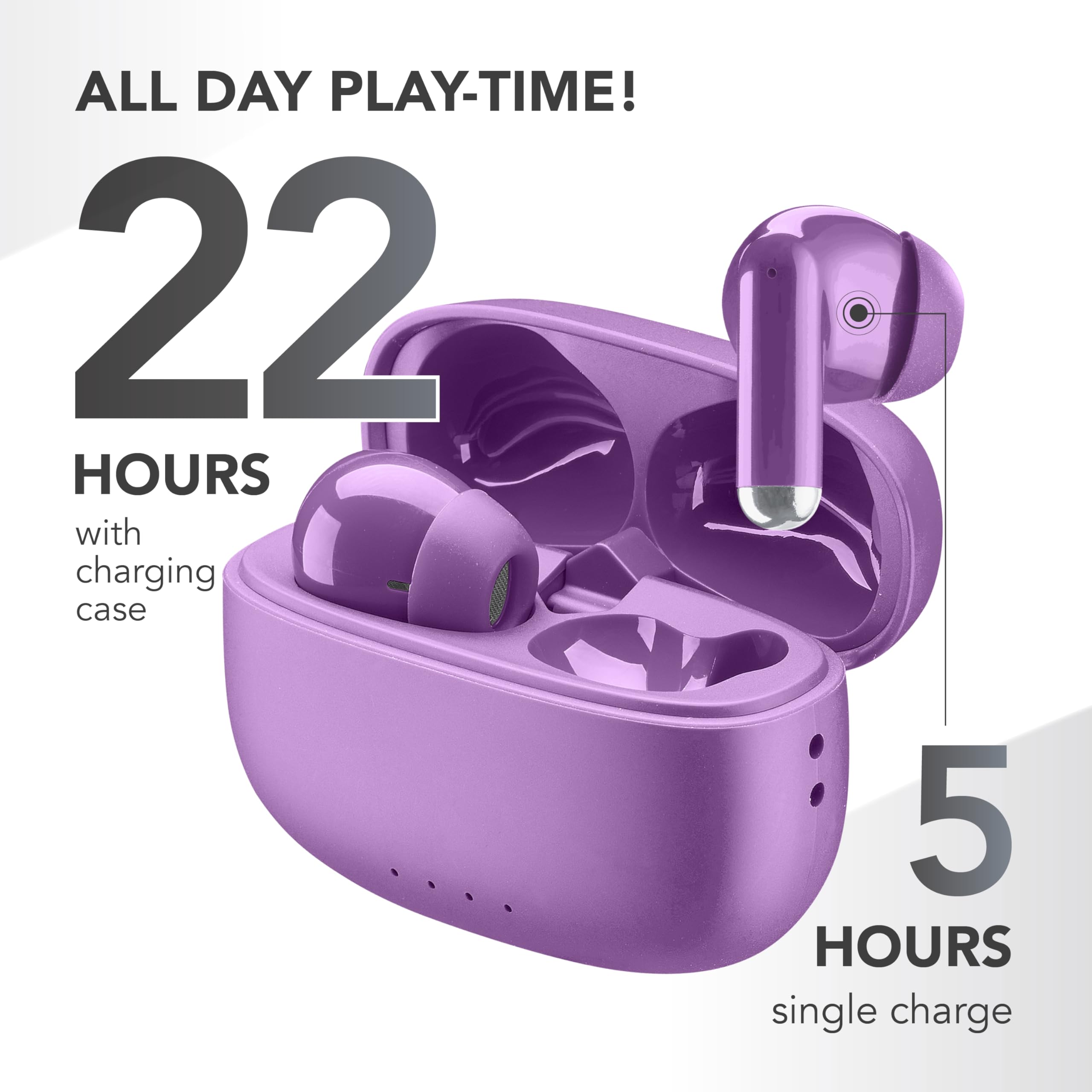 Écouteurs Intra-Auriculaires Bluetooth sans Fil Music Sound Drift avec boîtier Compact et coloré, appairage Automatique, Commandes tactiles, Jusqu’à 22 Heures d’autonomie, Lilas