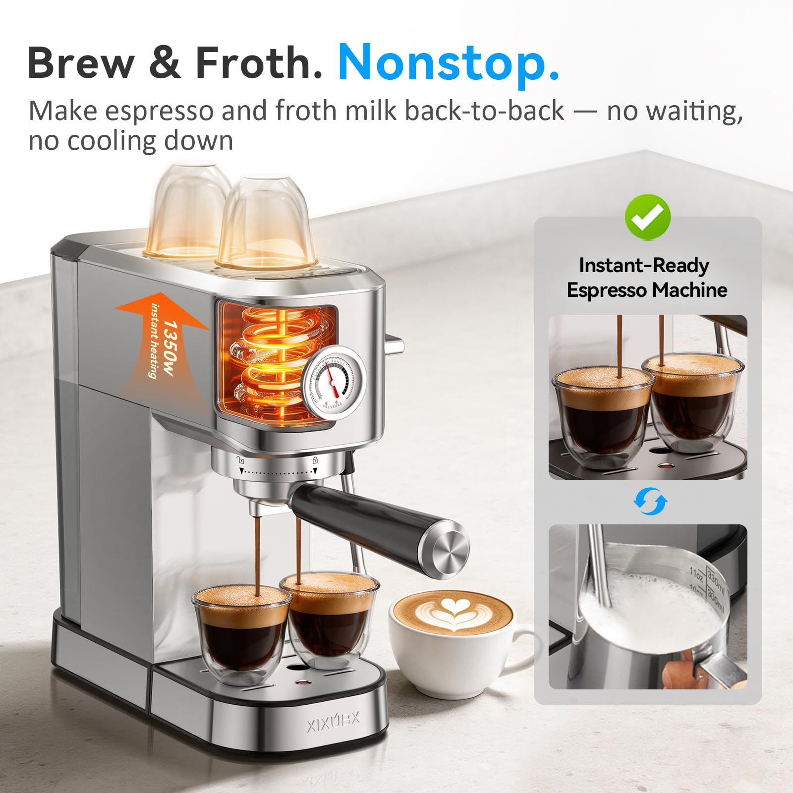XIXUBX Cafetera espresso compacta de 20 bares con espumador de leche de acero inoxidable para capuchino y café con leche, medidor de presión de tanque de agua de 1 litro