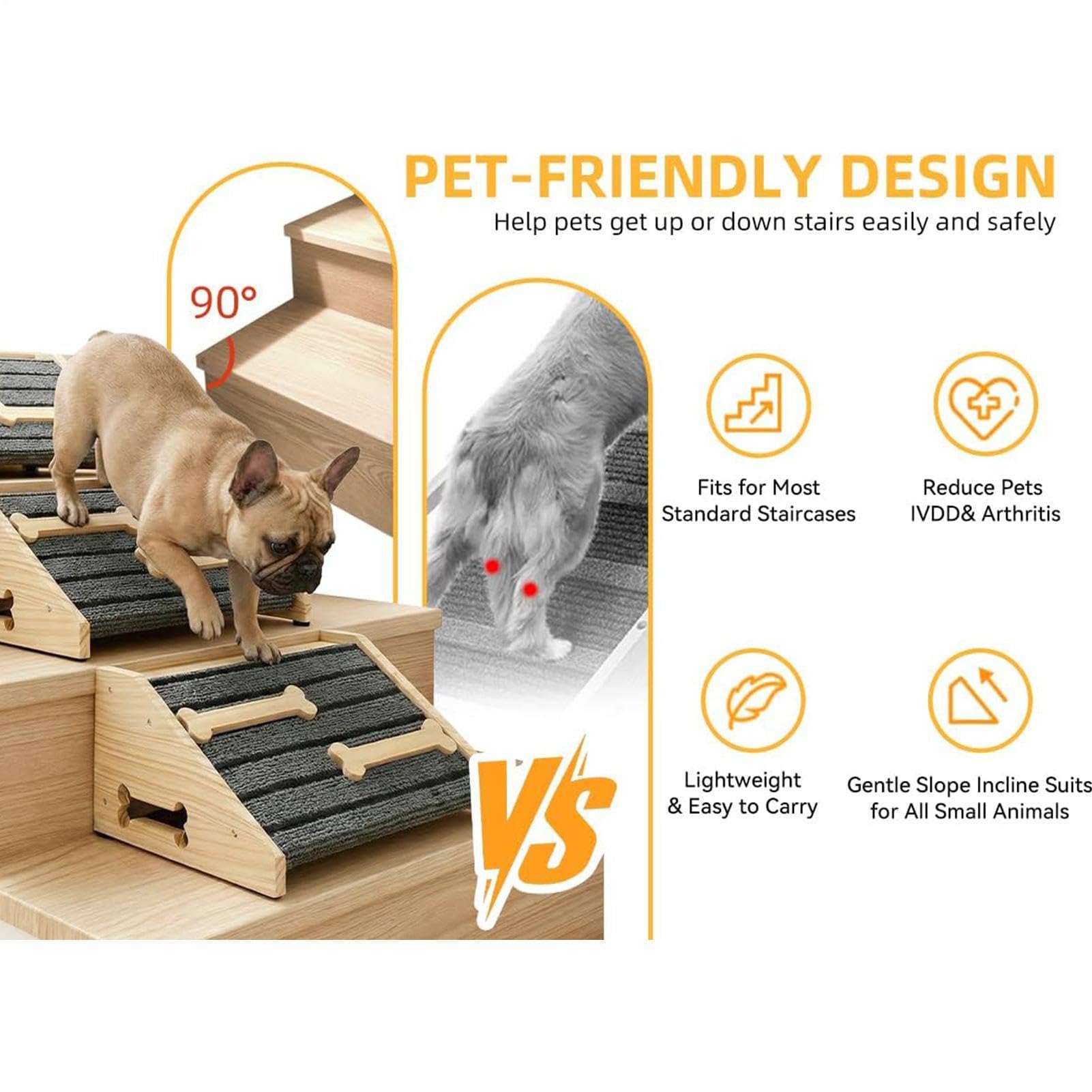 Psie Kliny Schodowe 2 Antypoślizgowe Drewniane Kliny Z Filcem | Rampa Wspomagająca Na Schody Małe I Średnie Psy, Starsze, Ranne, Krótkonogie, Do Użytku Wewnątrz I Na