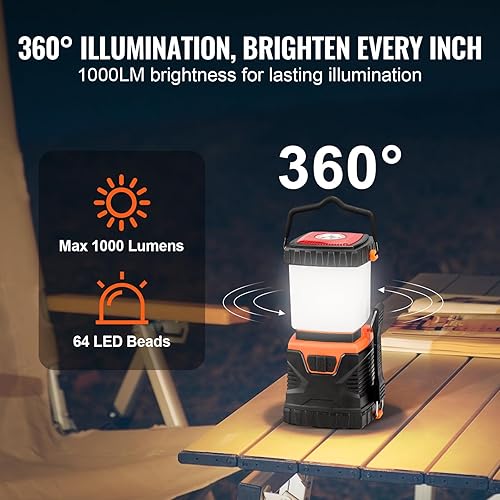 Miniatura 3 de VEVOR Linterna LED para campamento, todo en uno, 1000 lm, iluminación de 360, 4 modos de iluminación, luz alimentada por batería, linterna robusta