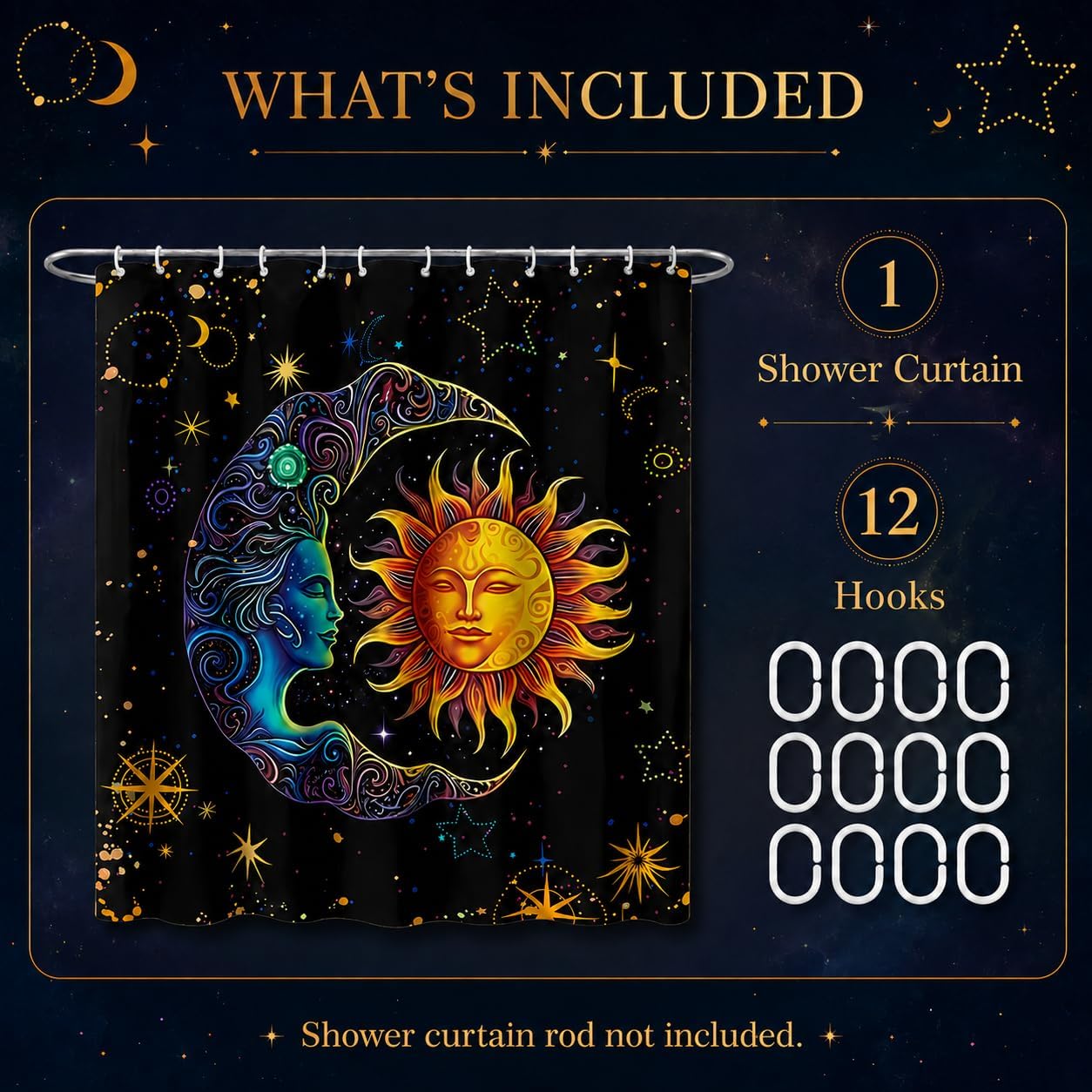 AILONEN Sun and Moon Shower Curtain,Space Galaxy Boho Exotic Sun and Moon Bath Curtain,Celestial Starry Moon Smiles Decoration Waterproof 72" W x 84" H Curtain for Boys Girls,with 12 Plastic Hooks
