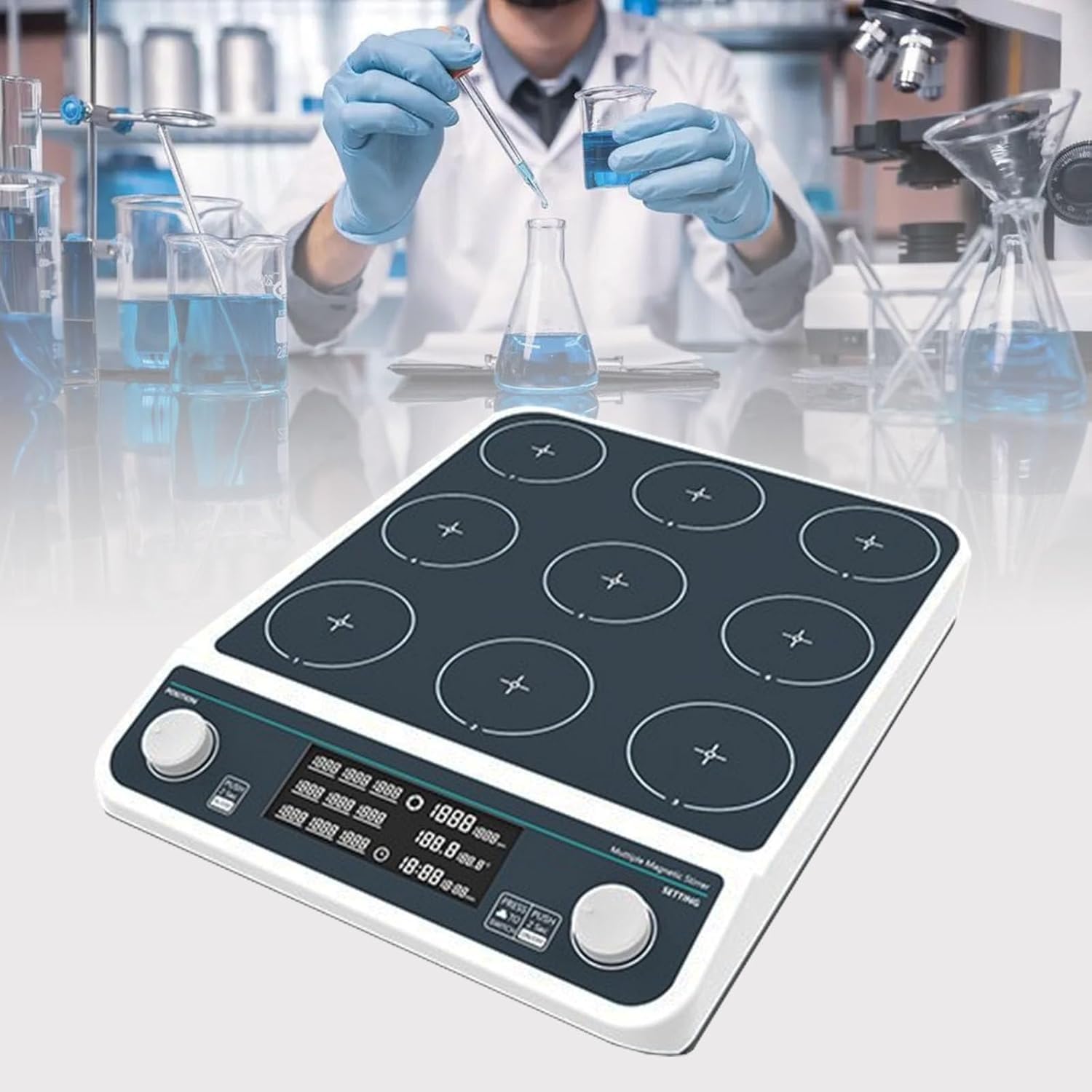 Labor-Magnetrührer mit mehreren Positionen, Drehzahl 50–1500 U/min, 9 Positionen à 500 ml, Synchronisation und asynchrone Steuerung der Rührplatte, LED-Anzeige, für Labor, Schule und Forschung