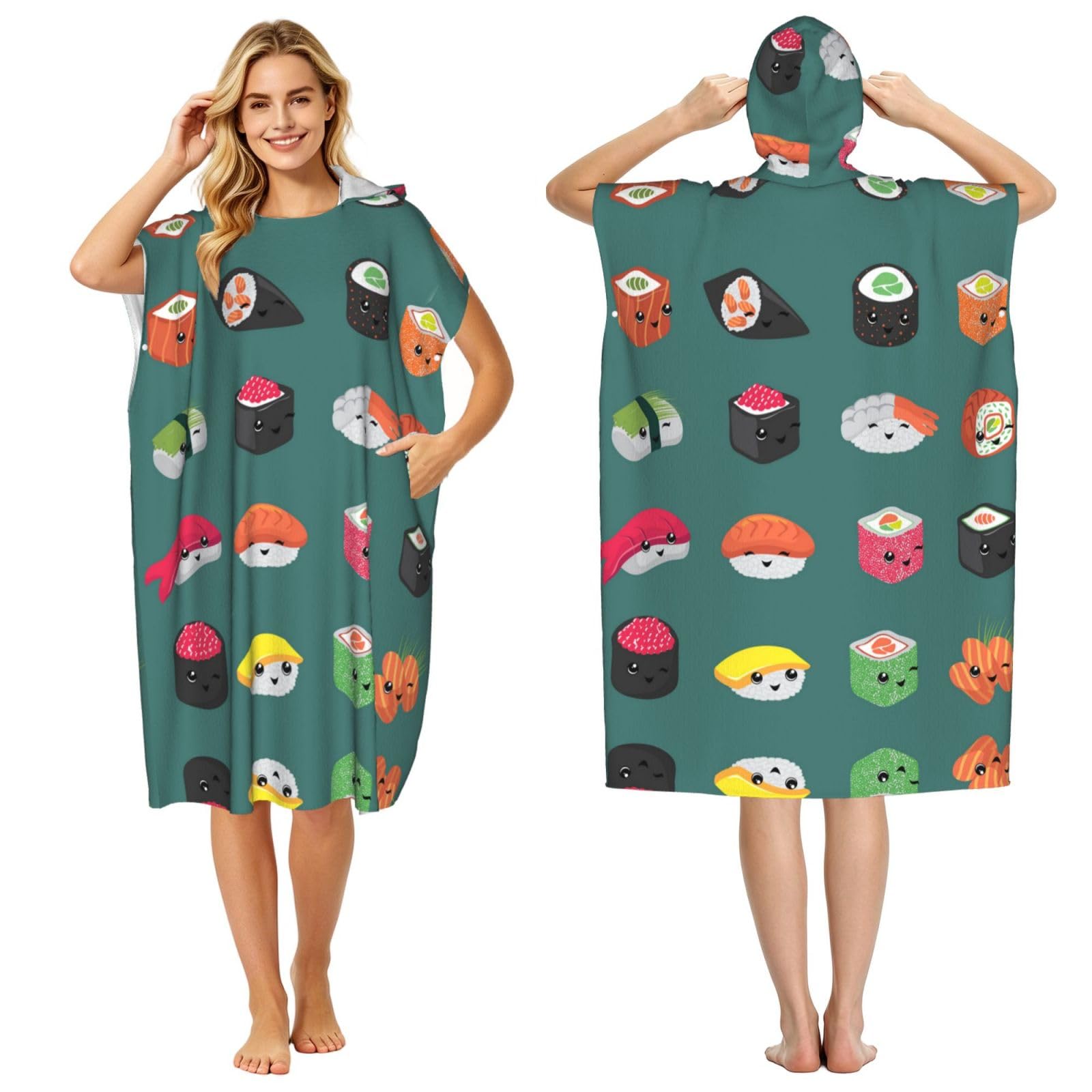 EZDLOWVBA Sushi Print Hooded Poncho Microfiber Beach Towel,Adult Women & Men Changing Robe,Lightweight Summer Surf Swim Bath Poncho Towel
