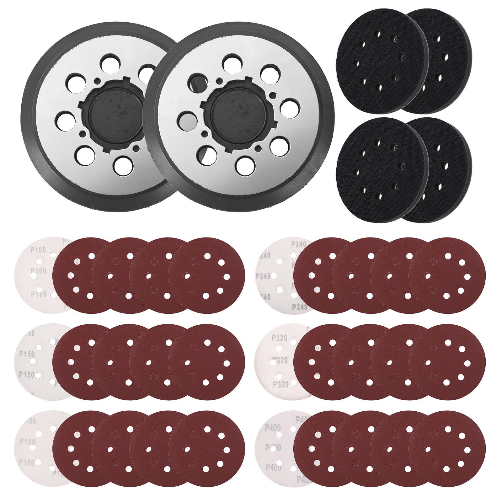Fukaisu 2pcs 5 Inch 8 Hole Orbital Sander Metal Pad with 4 Foam Pads & 30 Sanding Discs, Orbital Sander Replacement Pad Compatible with DWE6423/6423K DWE6421-B2/B3 DWE6421-BR DWE6420 DCW210B