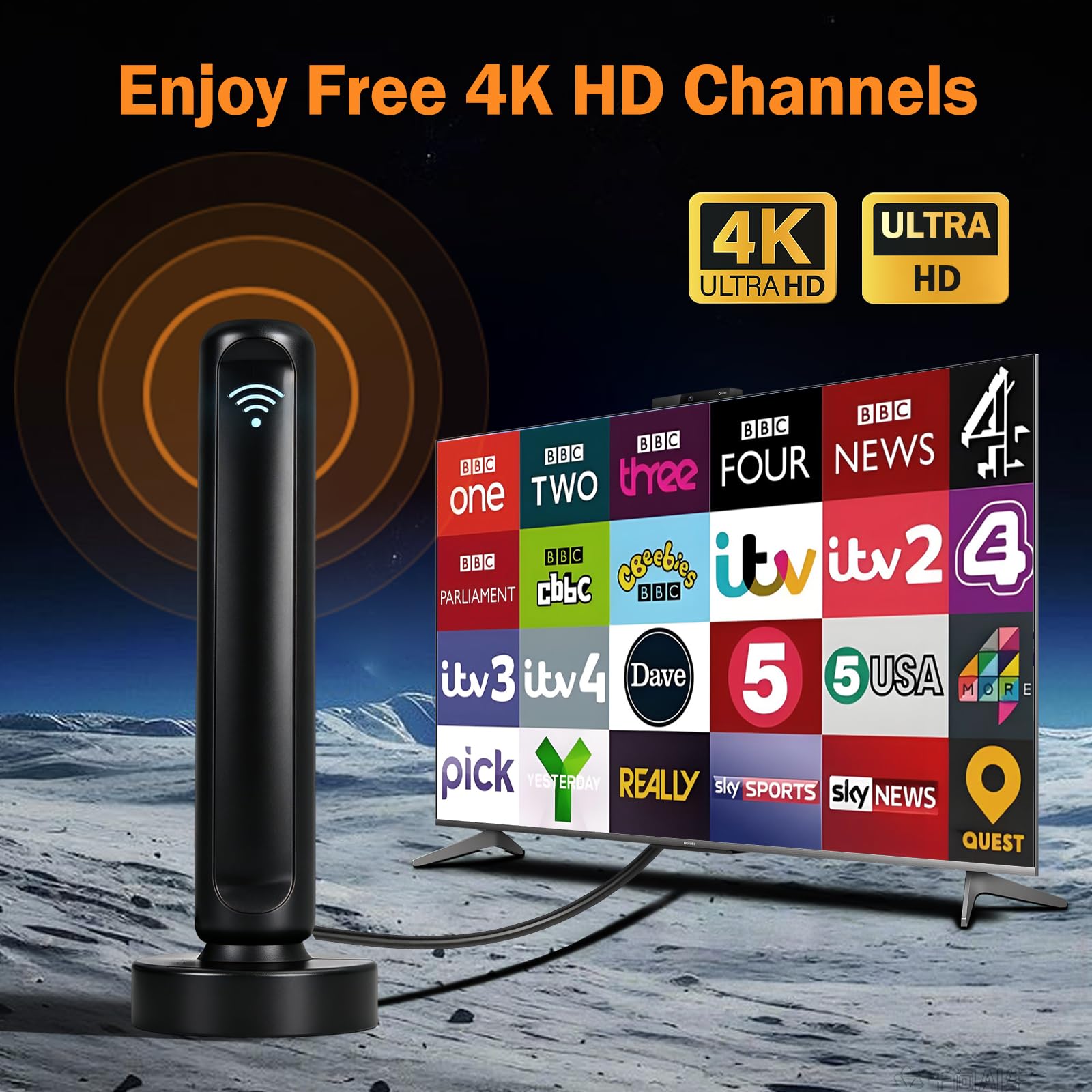DVB-T2 Antenne mit Verstärker für Innen, Zimmerantenne DVB-T2 mit Verstärker für Fernseher, TV Antenne 4K UHD Full HD, 360° Empfang bis 500 km, kostenlose Sender