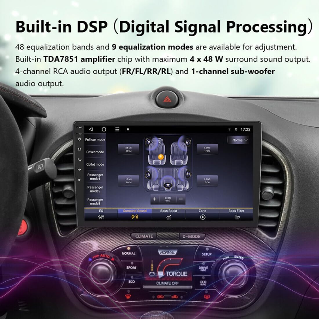 Eaglerich car radio display showing the Digital Signal Processing (DSP) interface with equalization and sound zone settings.