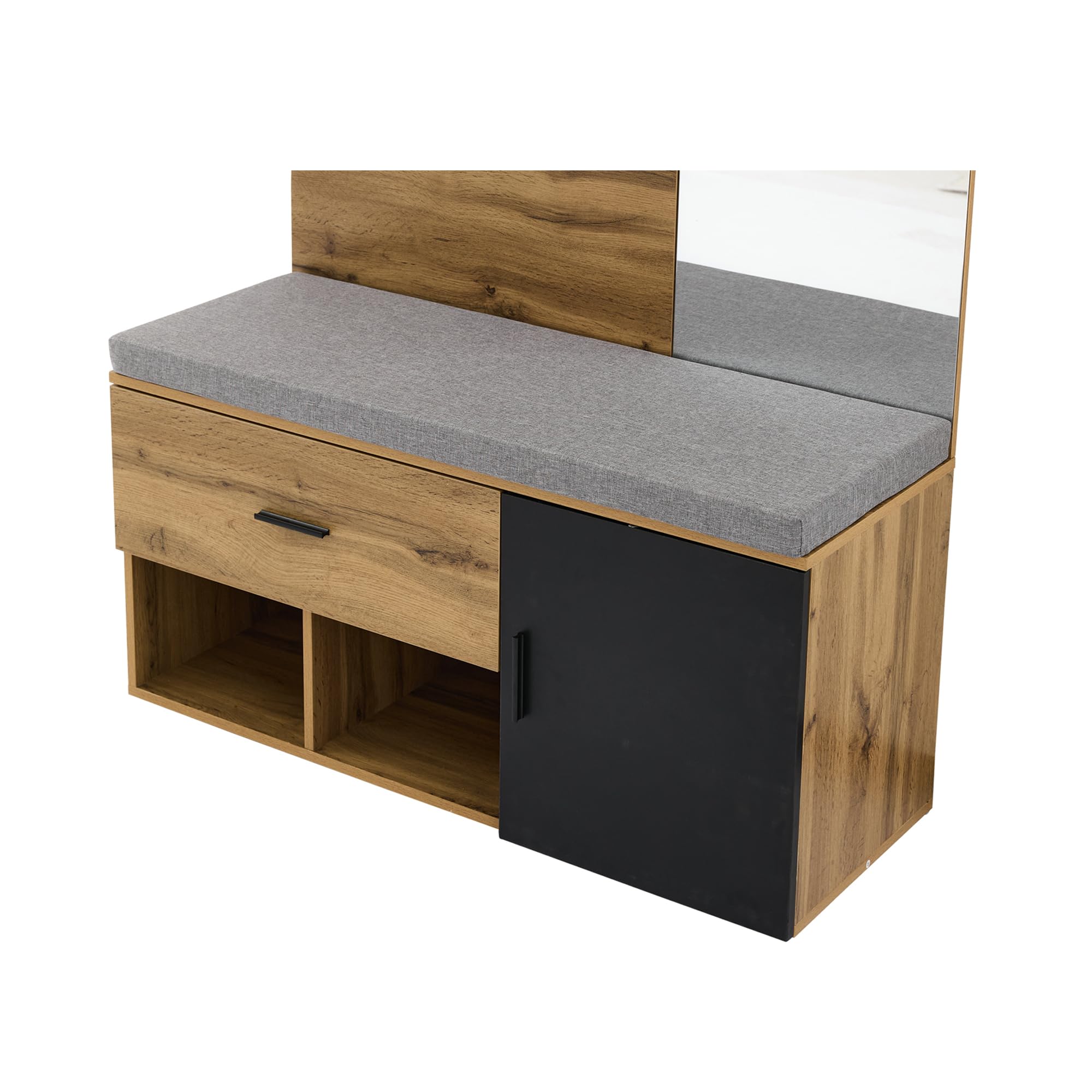 Juego de perchero de 190 cm de alto, efecto madera, con espejo, zapatero (104 x 39 cm) con cojín, zapatero, cajón, estante, perchero, diseño práctico para la entrada