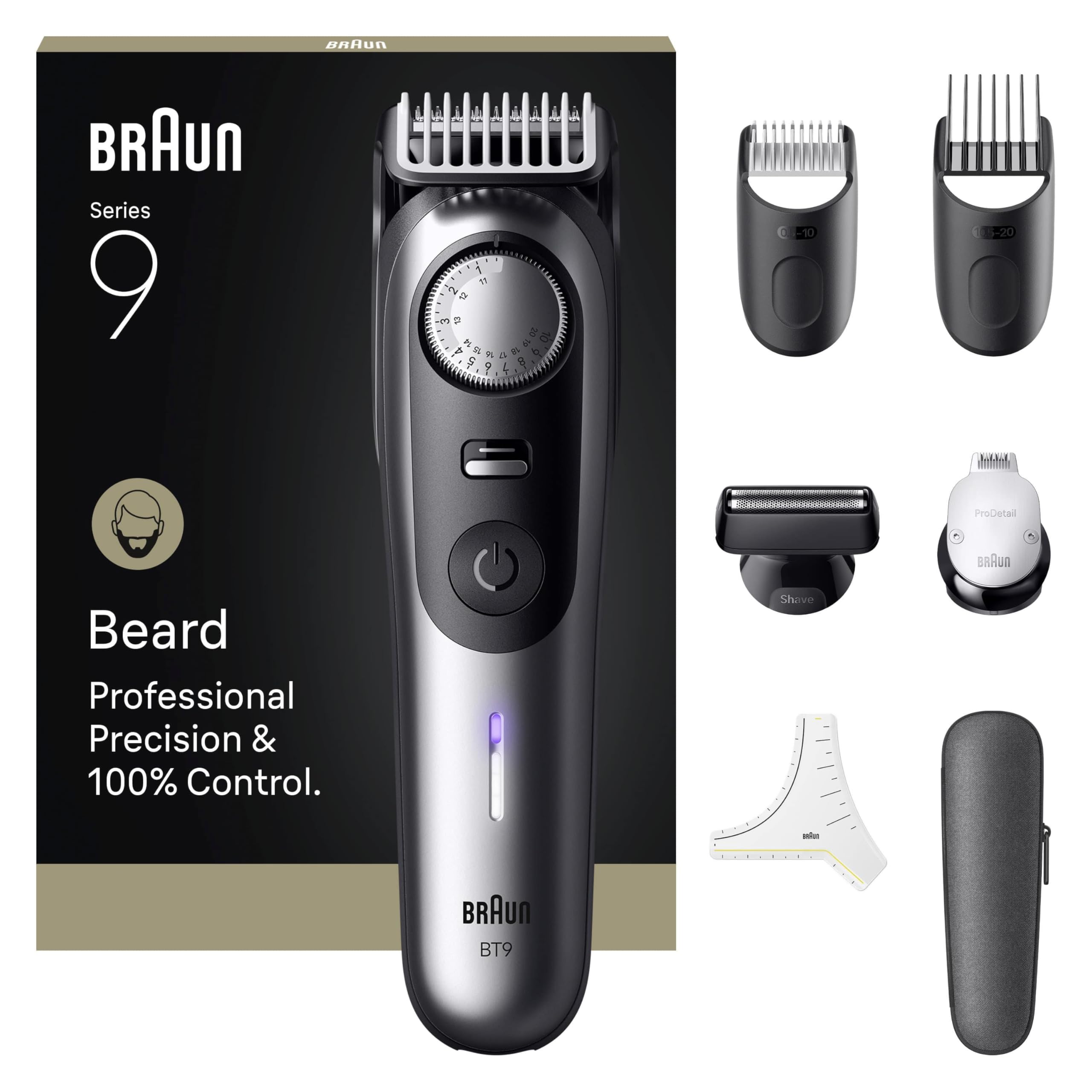 Braun Professional Beard Trimmer 9, BT 9520 for Men with 7 Barber Tools, Power Boost & Lifetime Sharp ProBlade Blade, 180 Min Battery Life, with Fade, 52 Lengths, Precision Wheel & Locking, Waterproof BT9520
