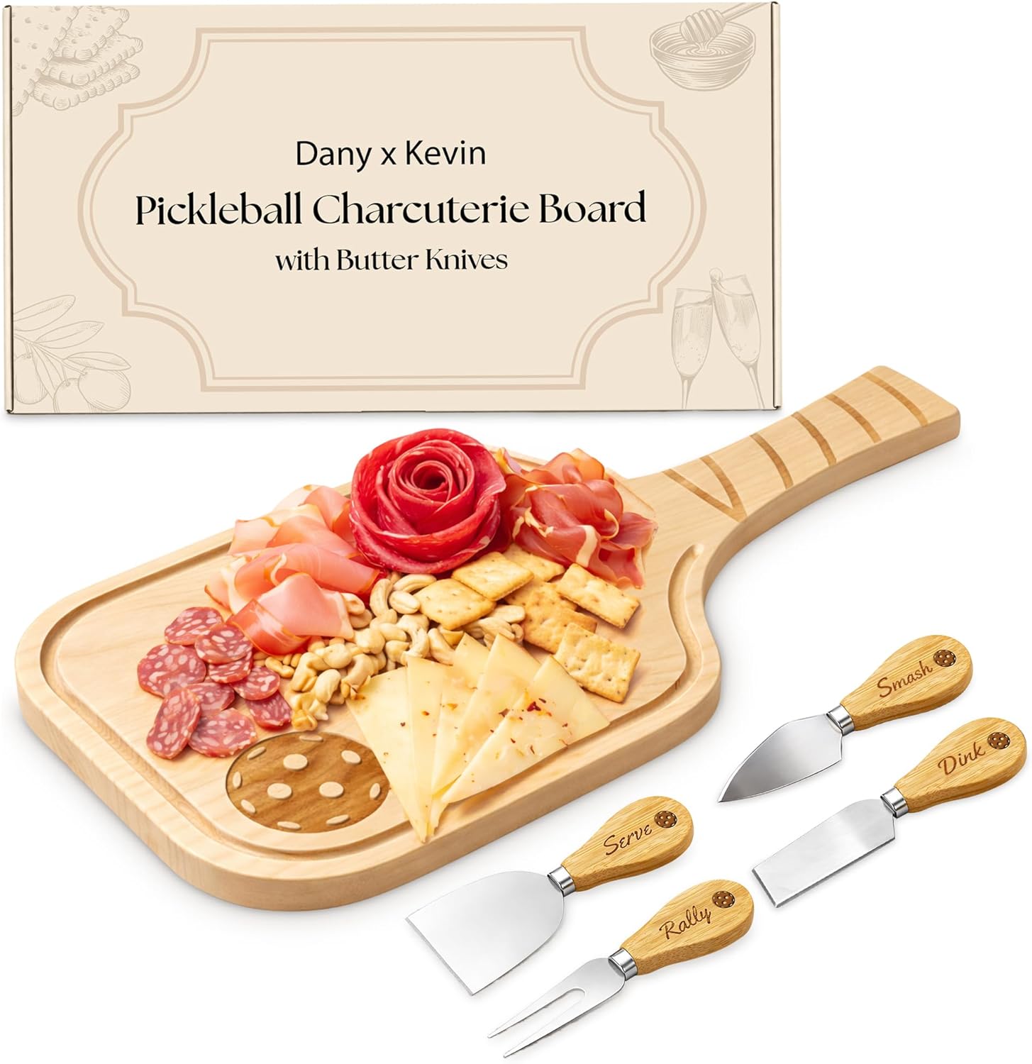 Pickleball Charcuterie Board Gift Set – Premium Birch Wood Paddle Shaped Cheese & Cutting Board (17 x 8.5 x 0.75 inches) with 4 Engraved Cheese Knives, Gift Ready Box