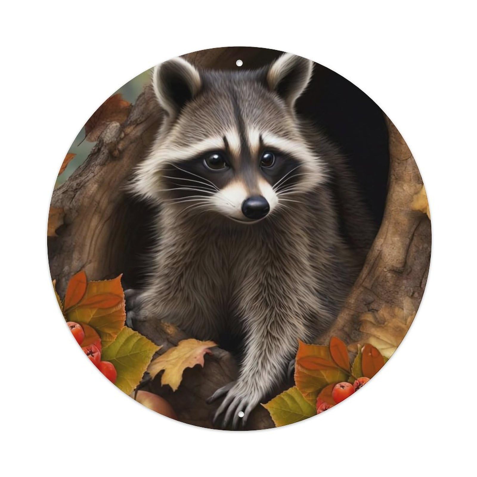 Wildlife Artwork Little Raccoon in Tree Hole Vintage Metal Tin Sign Plaque Wall Decor for Cafe, Club, Garden Round Metal Poster 8x8Inch