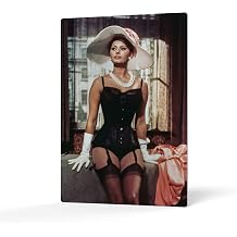 HB Art Design Half Naked Sophia Loren Wearing Sexy Lingerie with Hat Colored Metal Wall Art Print Italian American Icon Artwork Living Room Bedroom Decor Metal Wall Decor Home Decor Made in USA 17x11