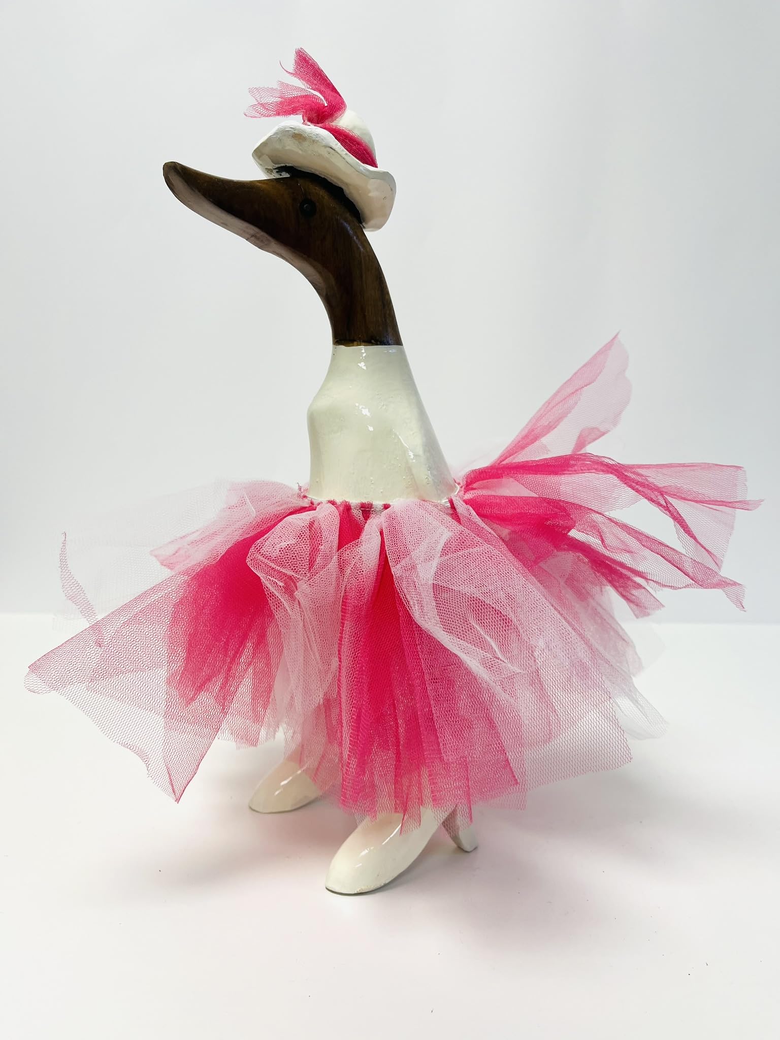 My Square Mile Wooden Duck Ornament | Hand Carved Duck Animal Statue 25cms (Pink Tutu Duck)
