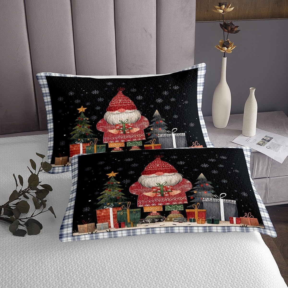 Xmas Theme Bedspread Set Queen Size for Kids,Boys Girls Christmas Gnomes Quilt Set Santa Claus Bedspread Coverlet Snowflake Bedspread 3 Piece Decorative Bedding Quilted with 2 Pillow Shams