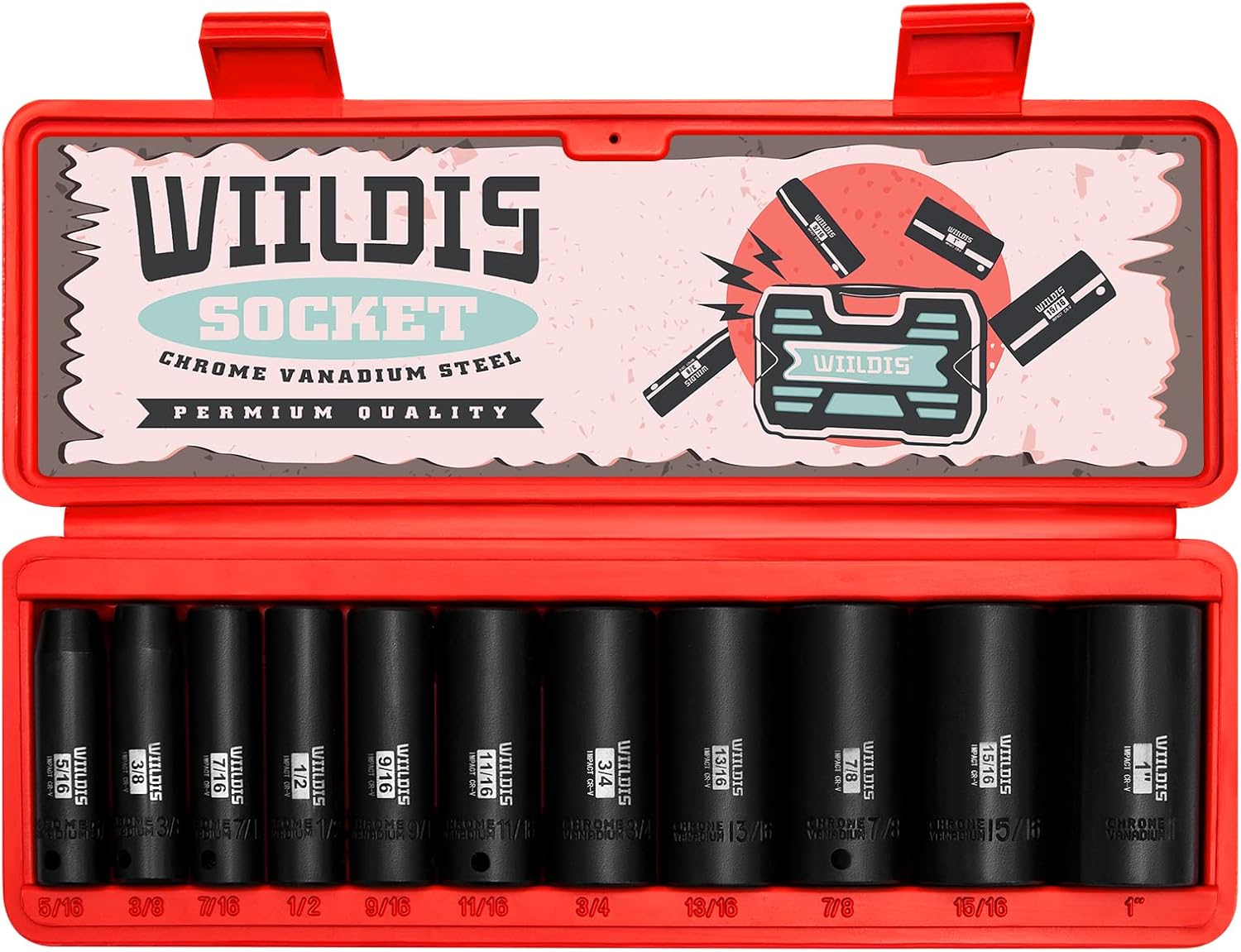 WIILDIS 11 Pieces 3/8-Inch Drive Deep Impact Socket Set, 5/16 to 1 inch, CR-V, SAE, 6 Point, Deep, 11 Pieces 3/8" Dr. Socket