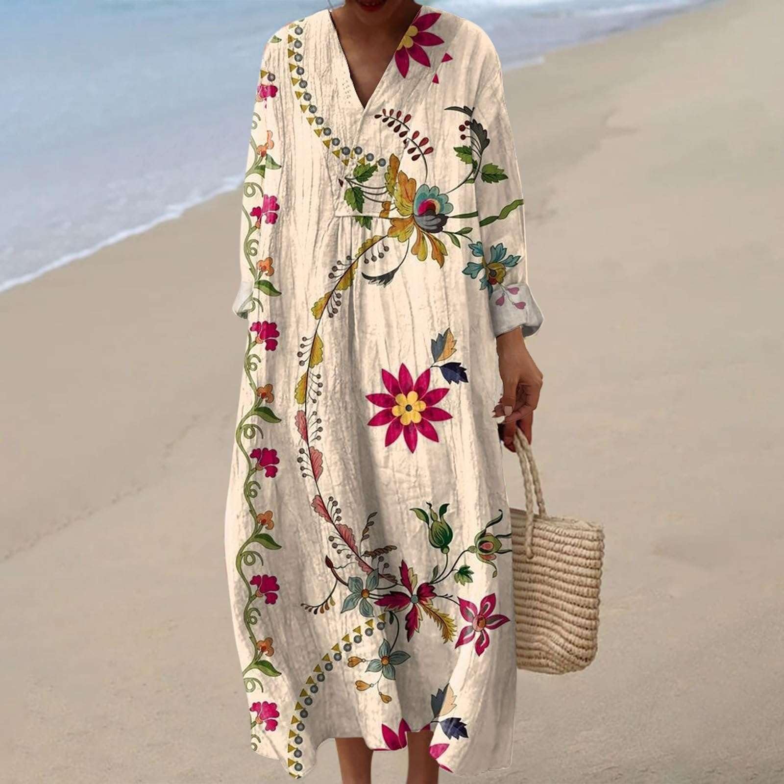 Générique Robe Longue Femme Ete Boheme Plage Col V Manches Longues Color Block Rayures Ample Decontractee Vacances Maxi Robes Fluide Casual Quotidien Elegante