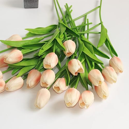 Miniatura 5 de BOSHENG 20 flores artificiales de seda de tulipanes de 13 pulgadas para tulipanes artificiales de tacto real, ramo de arreglos florales falsos para