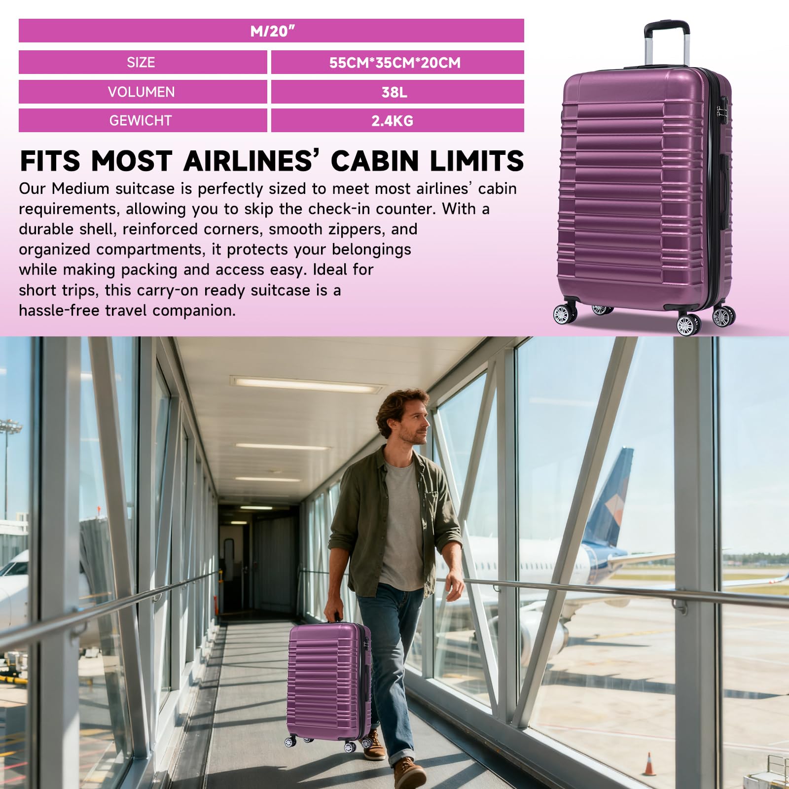 Set de Valise 3 Pièces (55/66/77cm),Lot Valise Rigide ABS Grande Taille Durable,Valise Soute avec 4 roulettes 360°,Sets de Bagages de Voyage