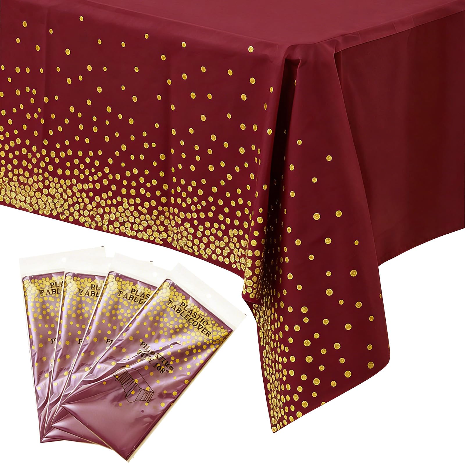 4Pack Plastic Burgundy and Gold Dots Tablecloth Party for Rectangle Tables,137x274cm Decorative Paper Table Cloths for Party Disposable,Parties Table Cover for Picnic,Baby Shower,Wedding,Birthday,Xmas