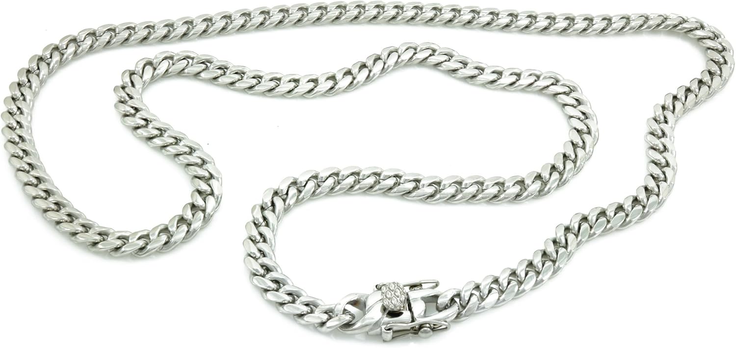 ANTI-TARNISH Solid Silver Finish Stainless Steel 6mm Thick Miami Cuban Link Chain Box Clasp Lock Necklace 16-30 inches Bracelet 7-9 inches