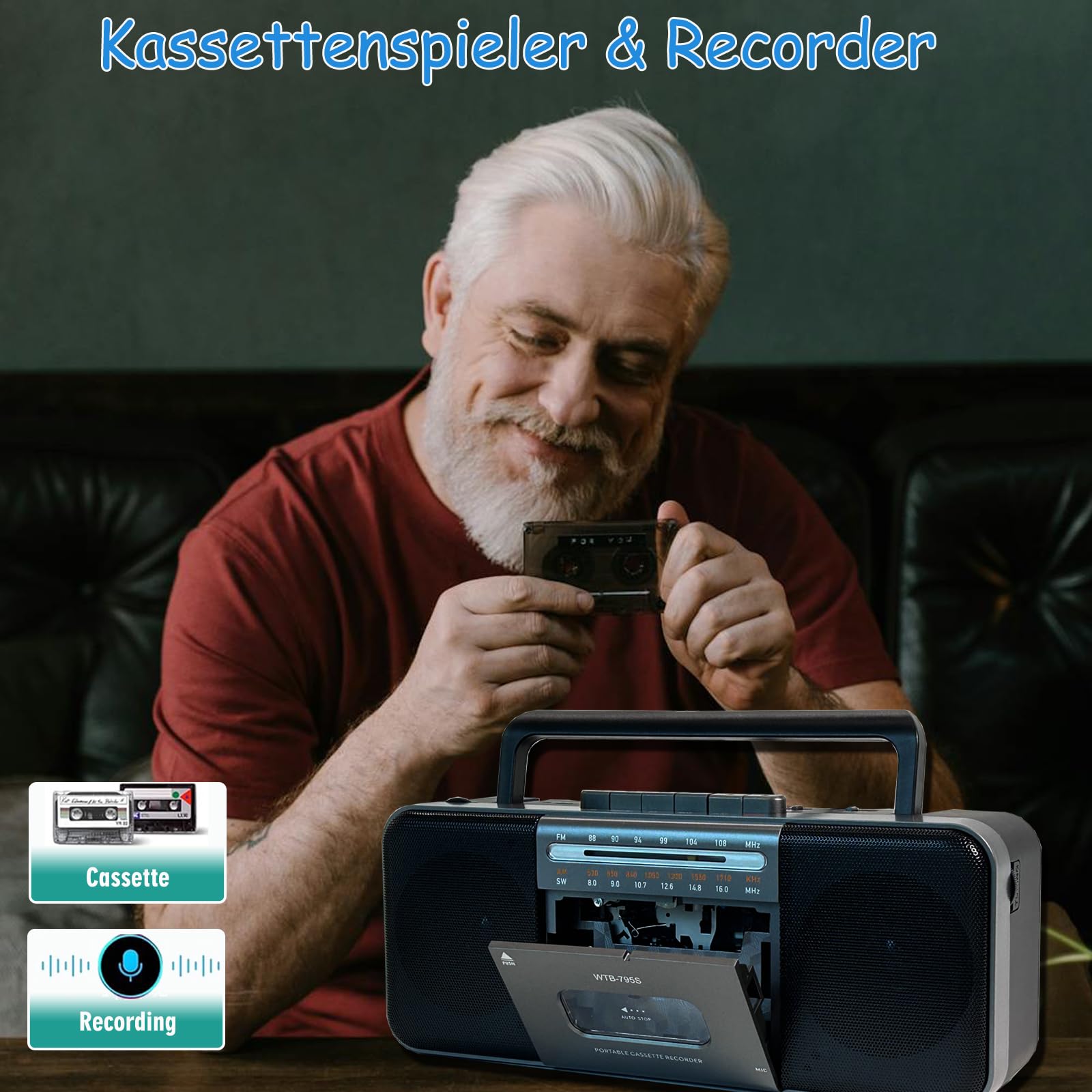 Lettore di cassette AM/FM/SW Bluetooth 10W portatile convertitore MP3 USB