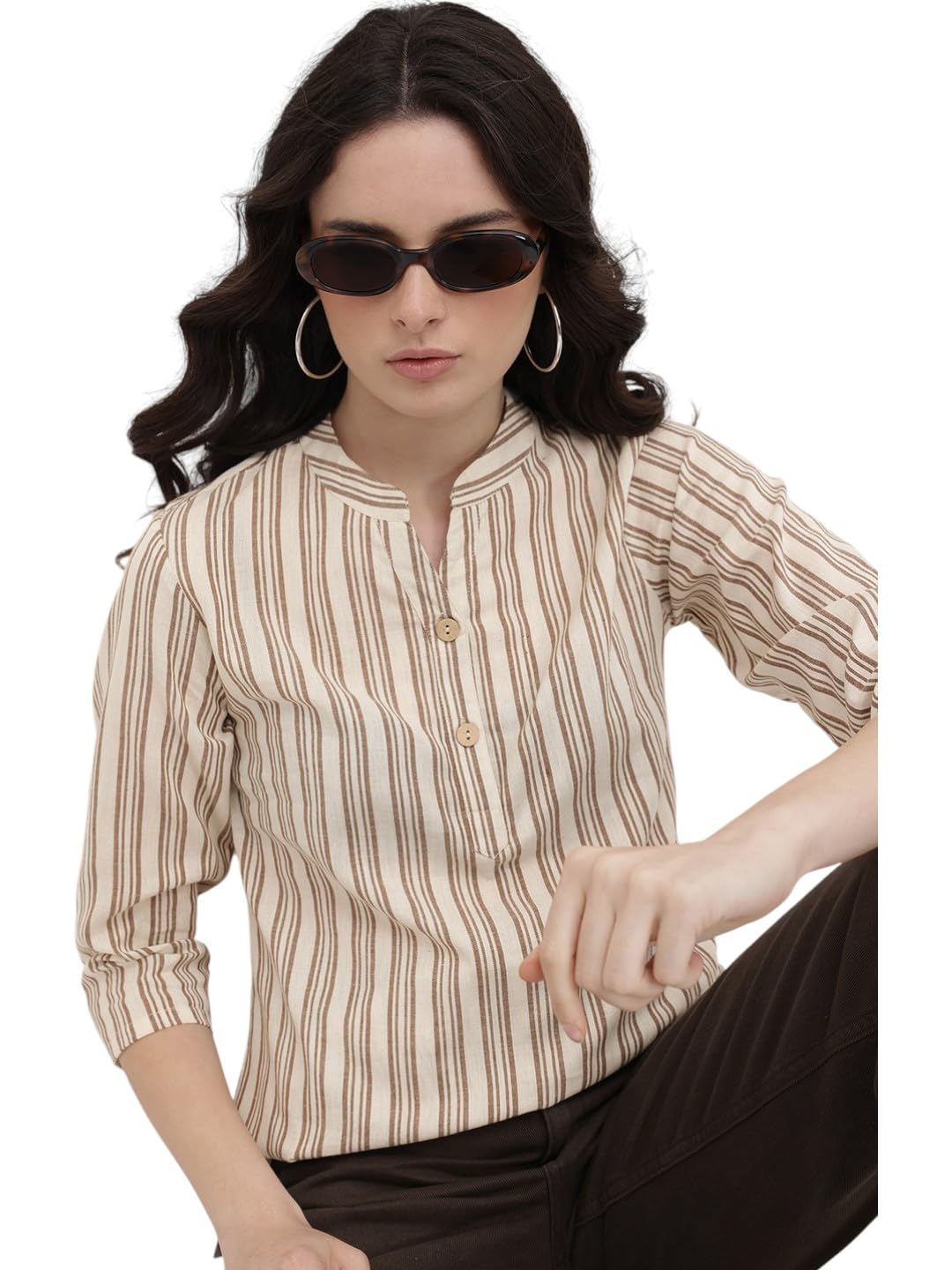 cottinfab Off-White and Brown Striped Mandarin Collar Cotton Top-picture-20